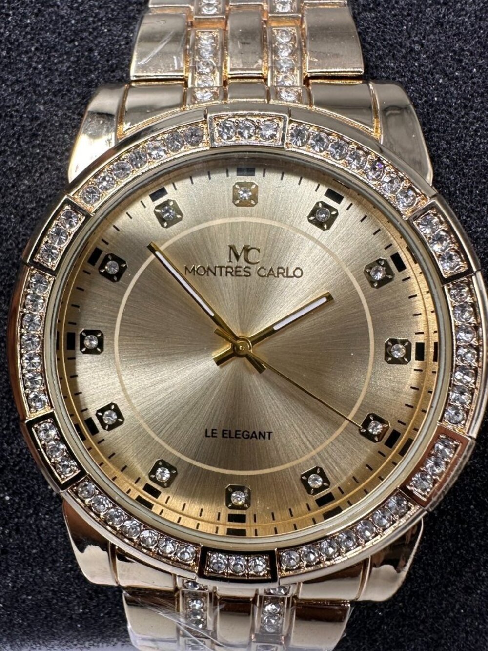 Montres Carlo Watch Men Gold Tone Crystal Bezel Round Dial 45MM Works 8.75"